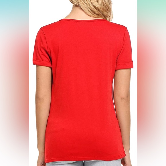 ♥️ Beautiful Red Low V Neck T-shirt with cute cuffed sleeves in Size XS - Picture 7 of 7